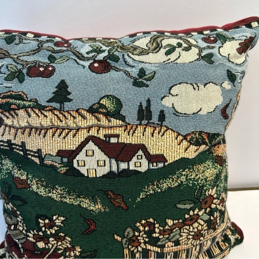 Set Of 2 Fall Autumn Thanksgiving Tapestry Throw Accent Pillows Scarecrow Apple